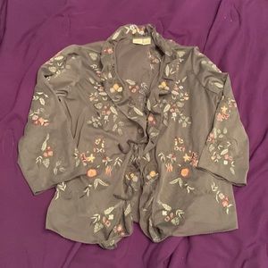 J Jill floral grey sheer tie up blouse size S